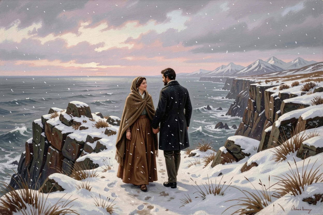 A pair of sweethearts walk hand in hand along a quiet clifftop overlooking the sea as snow begins to fall gently.