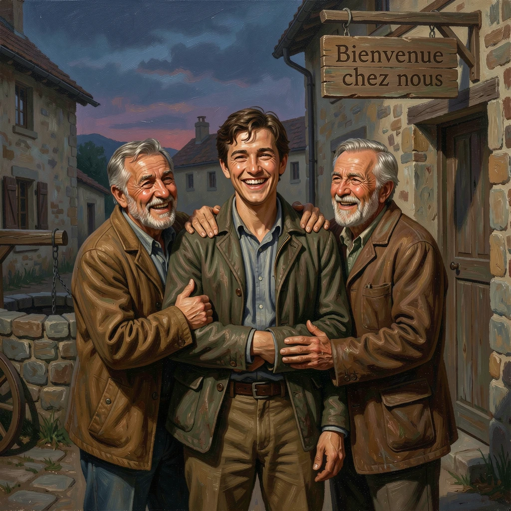 A young man returning to his hometown after years away, embraced by old friends, with emotion and triumph radiating clearly from every face, designed to inspire and uplift anyone who views it