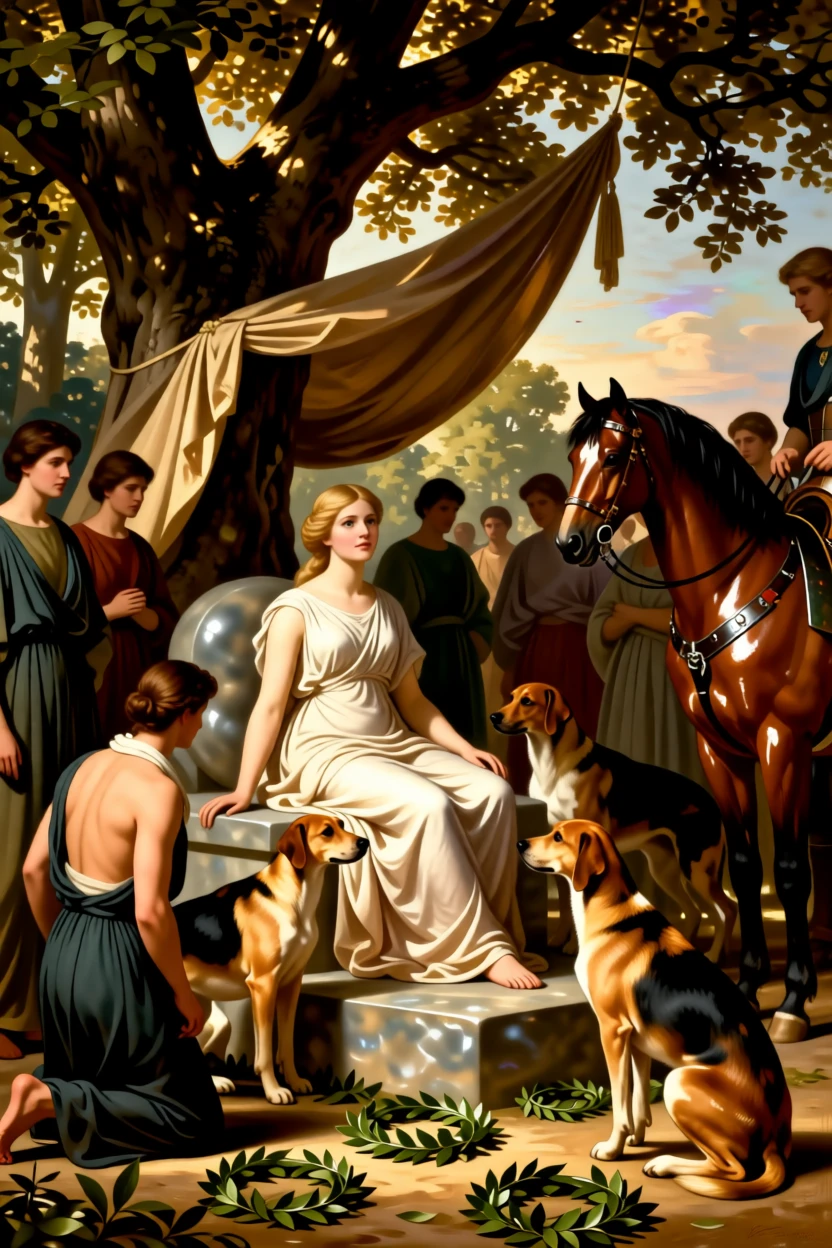 The goddess Diana resting with her hounds after the hunt with every eye fixed on the unfolding drama, set beneath a canopy of ancient oaks in a sacred grove, surrounded by kneeling attendants, war horses, and scattered laurel wreaths; the crowd forms a natural frame around the central action, capturing the timeless clash of glory and mortality.