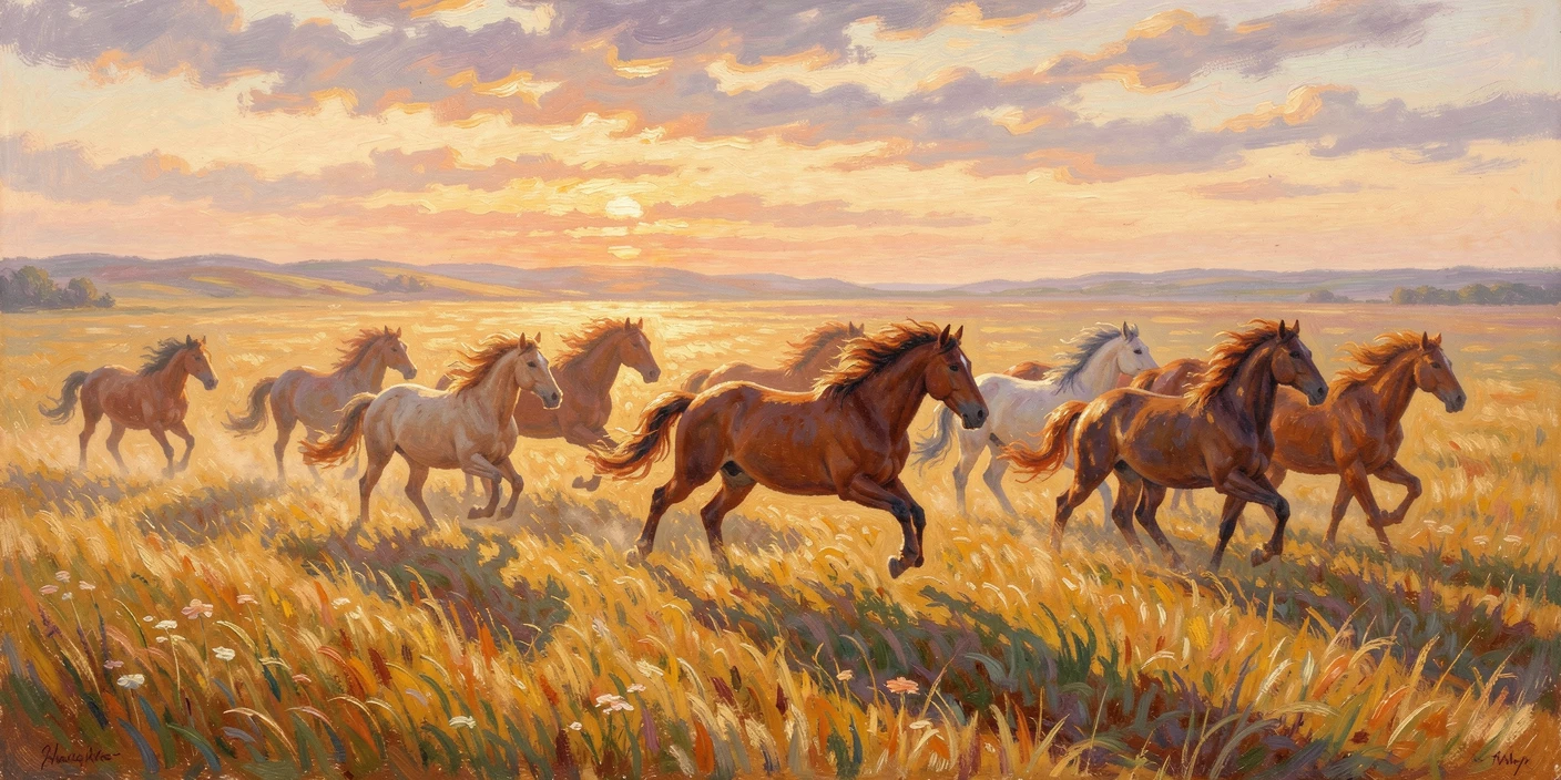 A herd of wild horses galloping freely across an open golden prairie at sunset, conveying a feeling of romance and tranquility.