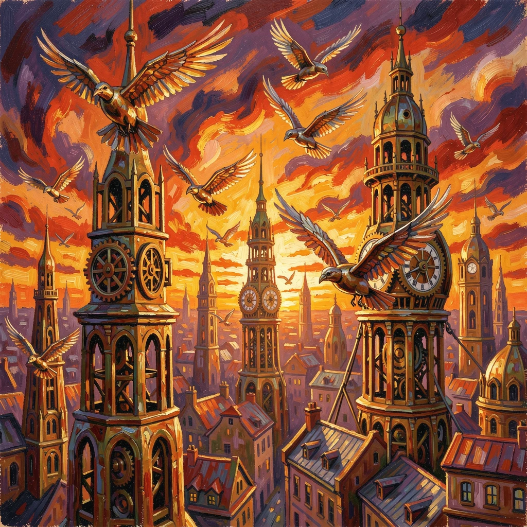 A clockwork city where mechanical birds fly between brass towers at sunset.