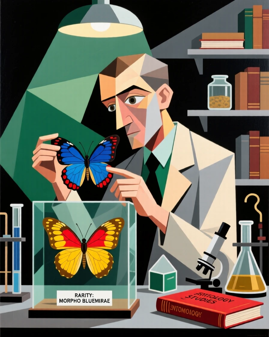 An engaging scene showing a scientist examining a rare butterfly specimen under soft lab light.