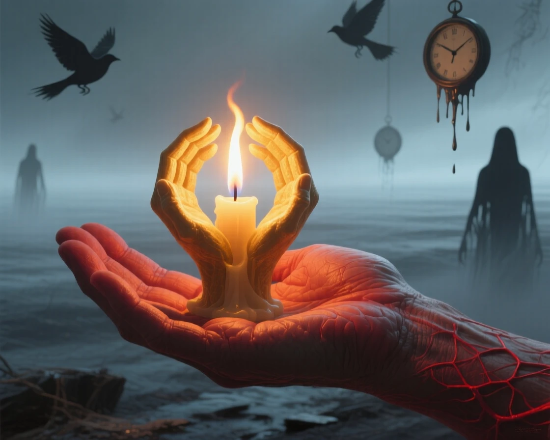 A single candle flame shaped like two hands cupped together rests gently in the palm of an outstretched hand, as everything else fades quietly into muted color.