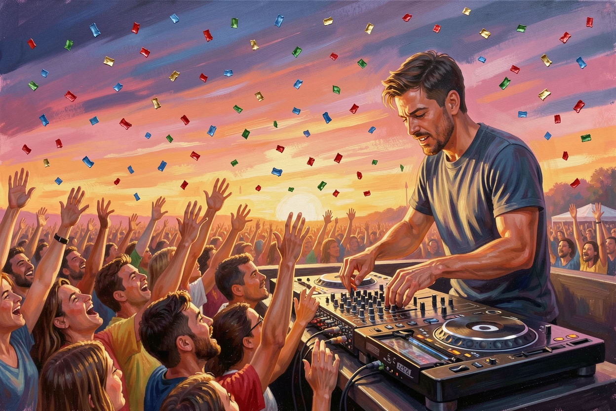 A DJ mixes tracks at an outdoor festival as a sea of hands rises against a colorful sunset sky filled with confetti, warm ambient light illuminating faces filled with joy and communal spirit.