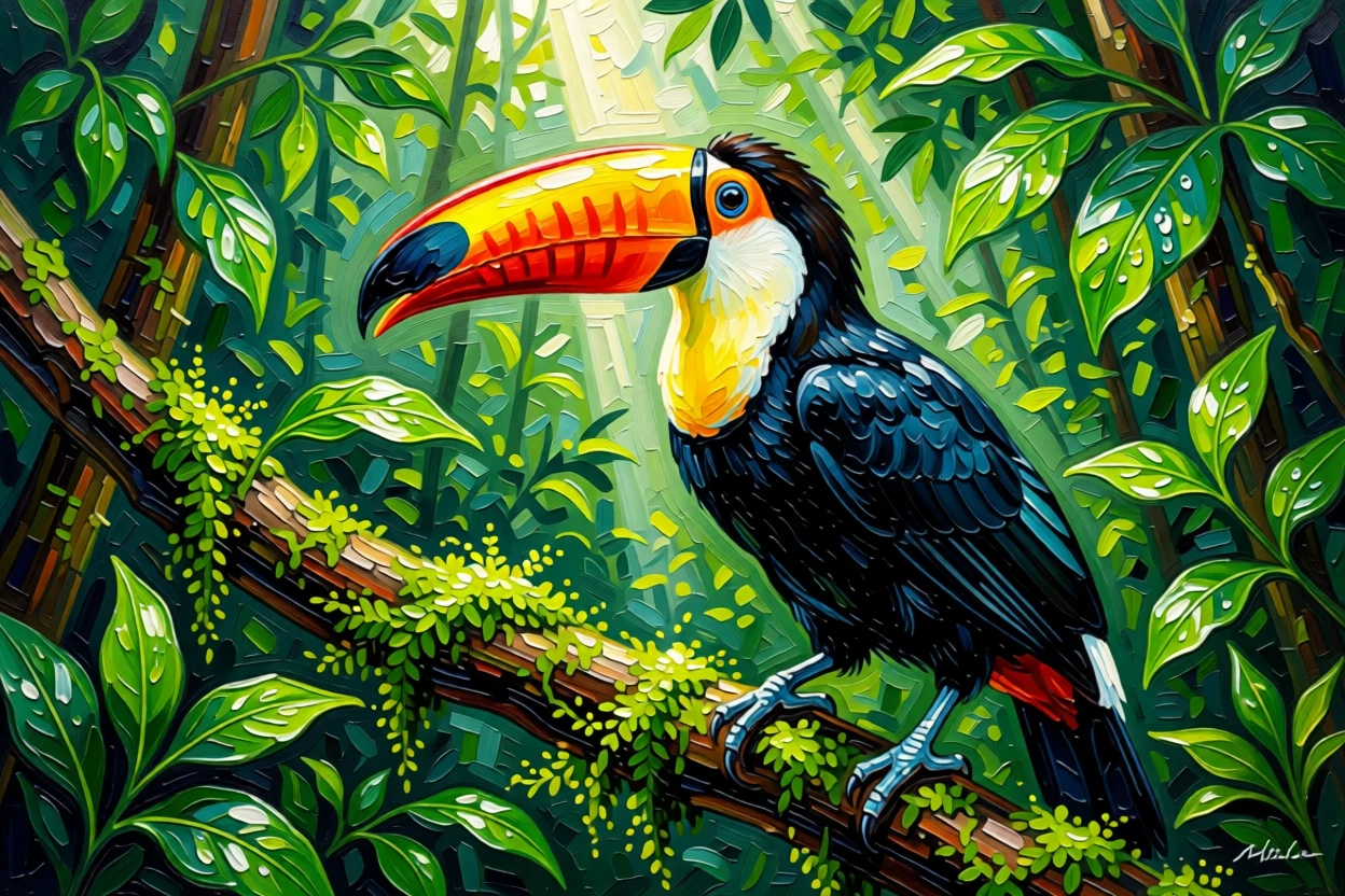 A toucan perched on a rainforest branch, its enormous colorful bill catching dappled light