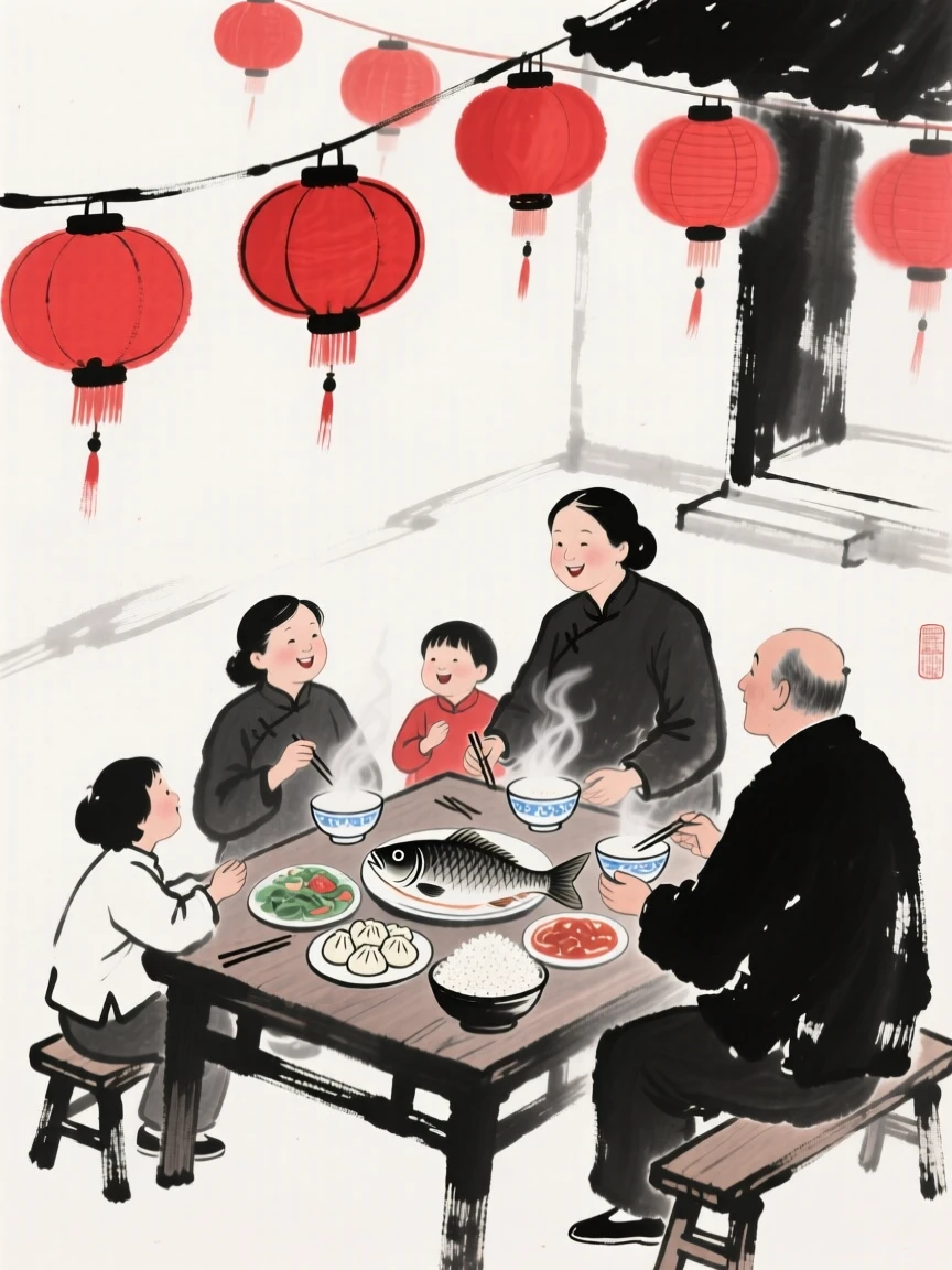 A family gathers around a table laden with food for a New Year feast, beneath strings of red lanterns swaying gently overhead.