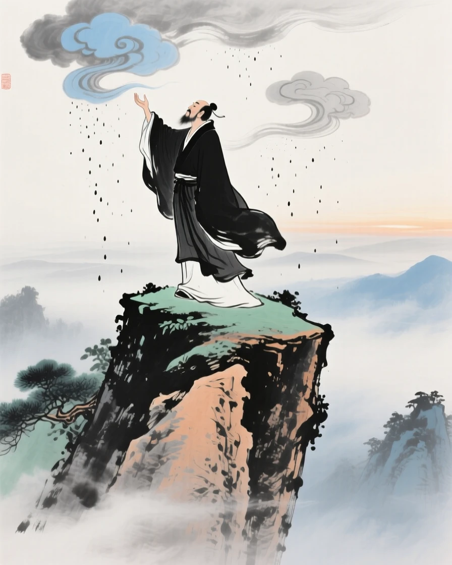An ancient sage summoning clouds from atop a floating peak, in a gentle drizzle, at dawn.