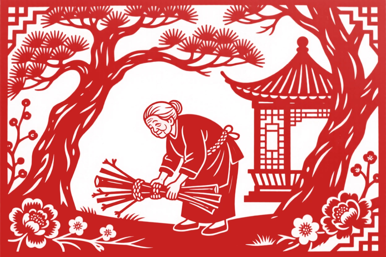 A composition of an old woman gathering firewood beneath ancient pine trees, a small pavilion just visible through the trees.