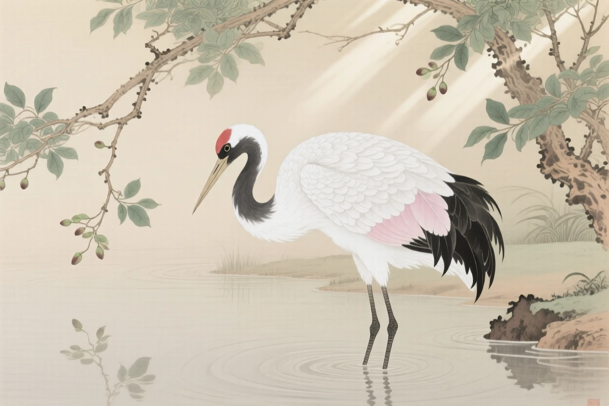 A stork preening its feathers beside a quiet pond, soft morning light filtering through the branches