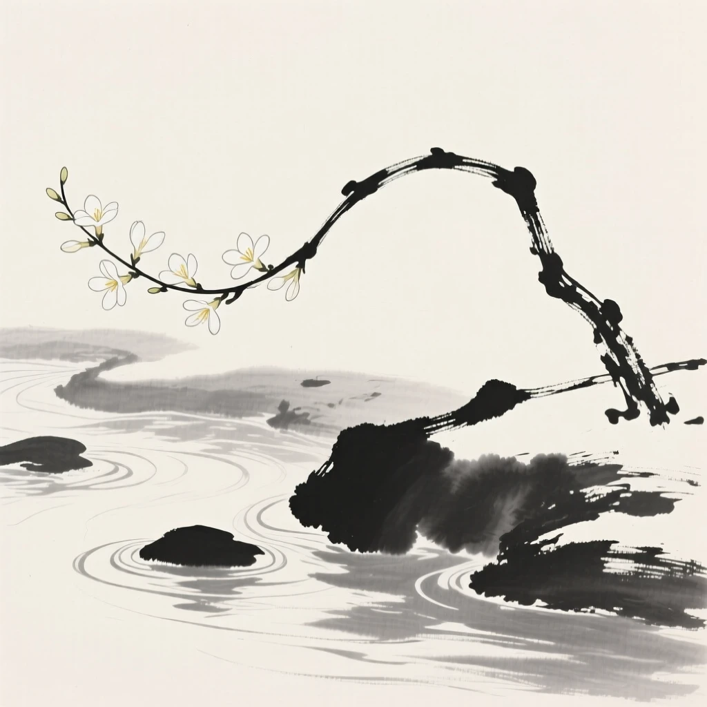 A branch of winter jasmine along the bank of a slow-moving stream, composed with generous open space around it, capturing a delicate, transient moment in bloom.