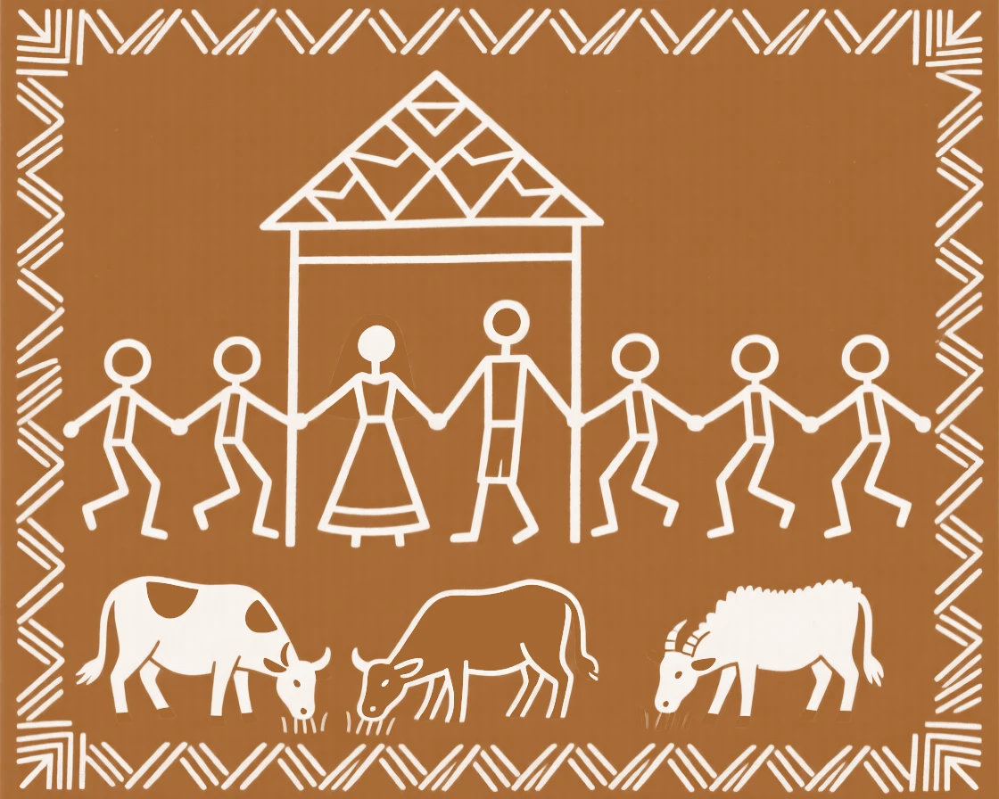 A composition centered on a wedding canopy surrounded by dancing figures and grazing animals.