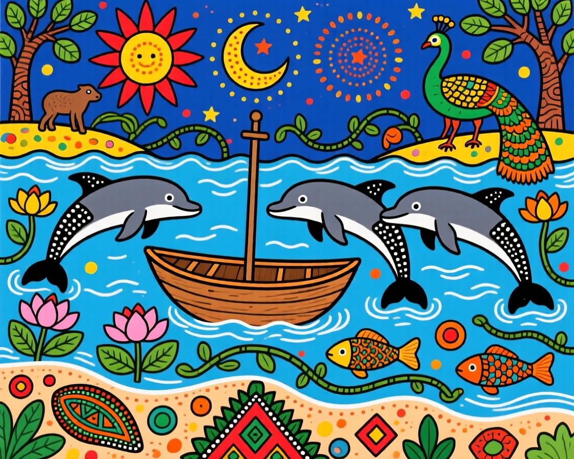 A pod of dolphins escorting a small fishing boat toward shore.