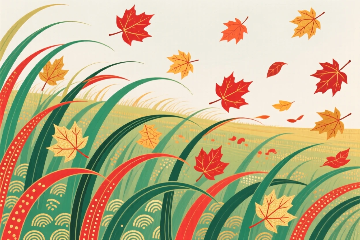 A view of a field of tall grass as red and gold leaves fall gently to the ground.