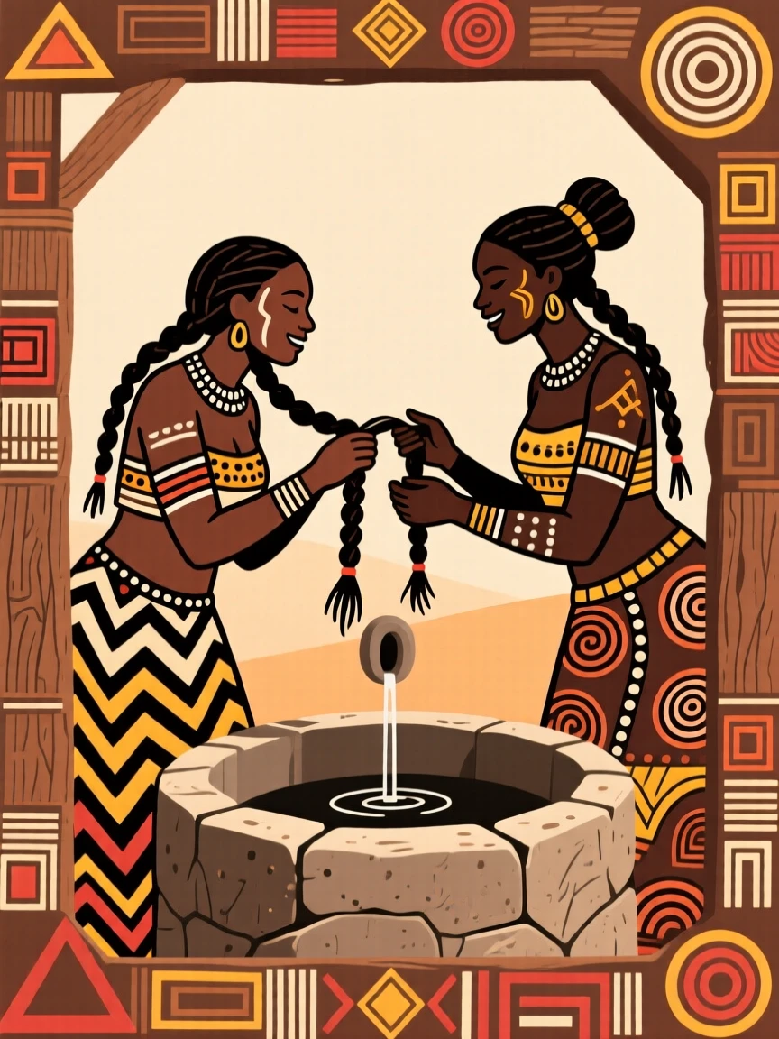 Women braiding each other's hair while chatting beside a communal well.