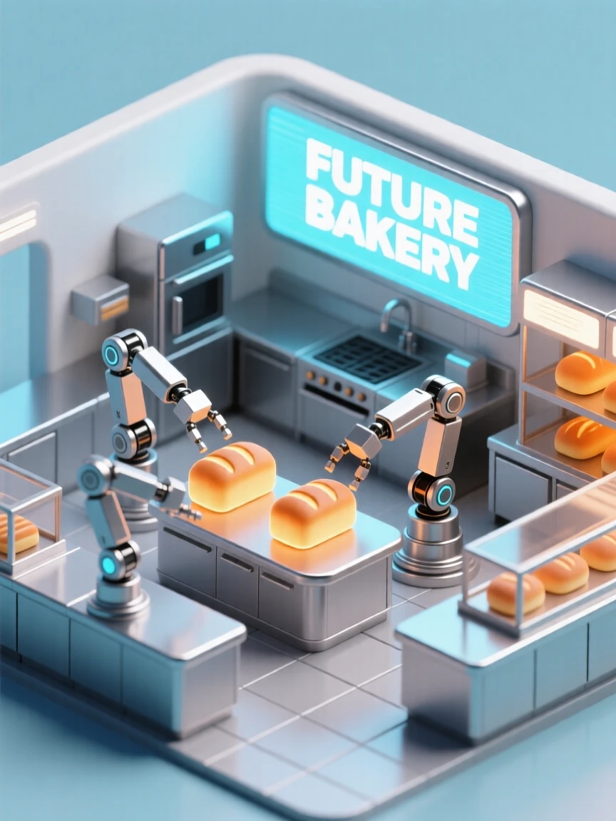A futuristic bakery with robotic arms shaping glowing bread loaves in a sleek chrome kitchen.