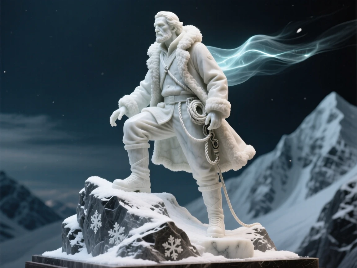 An evocative depiction of a fearless explorer atop a snowy peak, surrounded by soft, glowing light, balancing detail with emotional depth