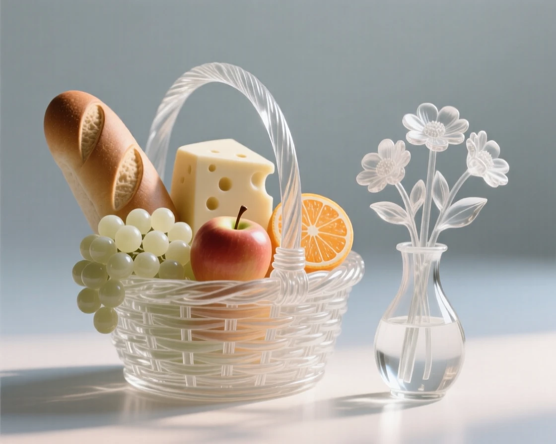 A picnic basket filled with bread, cheese, and fresh fruit beside a small vase of freshly cut flowers