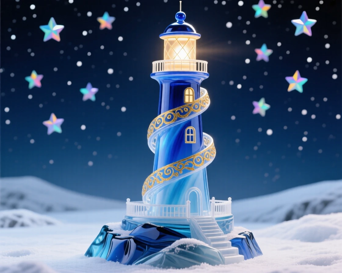 A lone lighthouse glowing warmly against a star-filled winter sky at midnight, resilient and serene.