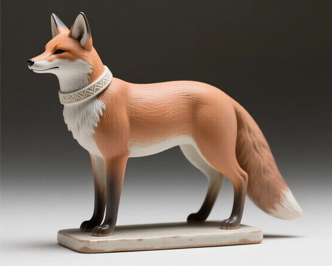 An elegant fox statuette with a poised, alert stance arranged as an accent piece with quiet sophistication, accented with subtle, tasteful ornamentation, capturing graceful beauty fit for a fine interior.