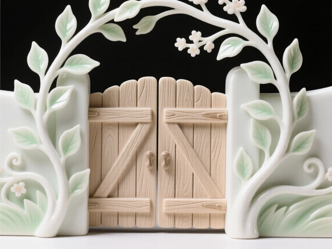 A cozy spring moment: leaves swirling around a rustic wooden gate, bathed in soft seasonal light.