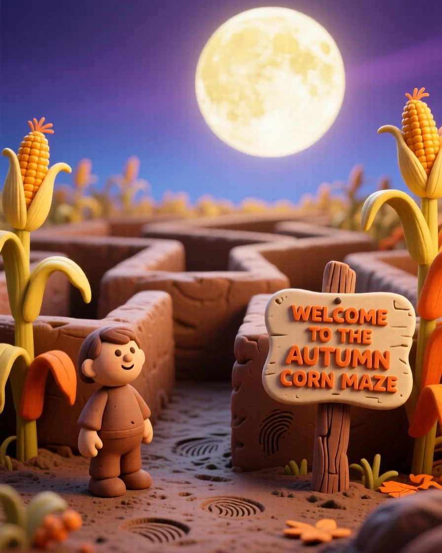 An autumn corn maze glowing beneath a harvest moon