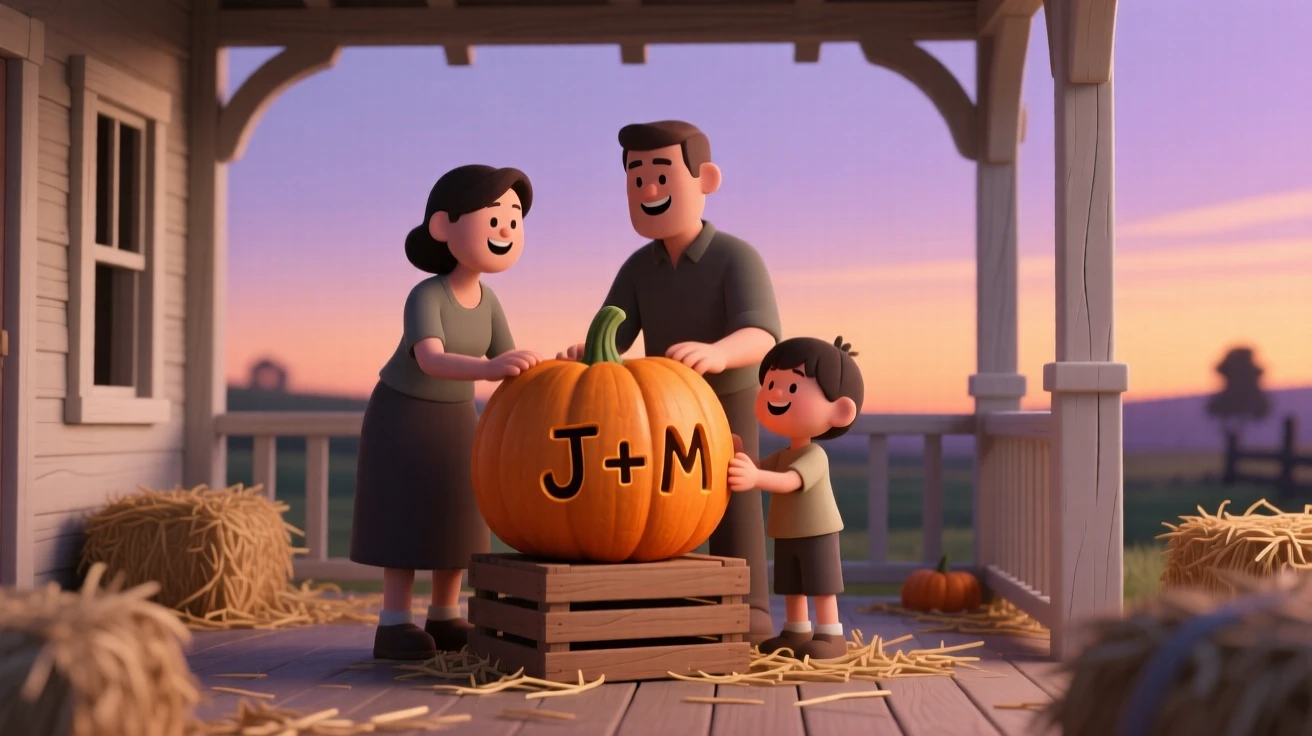 A cheerful family carves initials into a fresh pumpkin on a hay-strewn farm porch at dusk.
