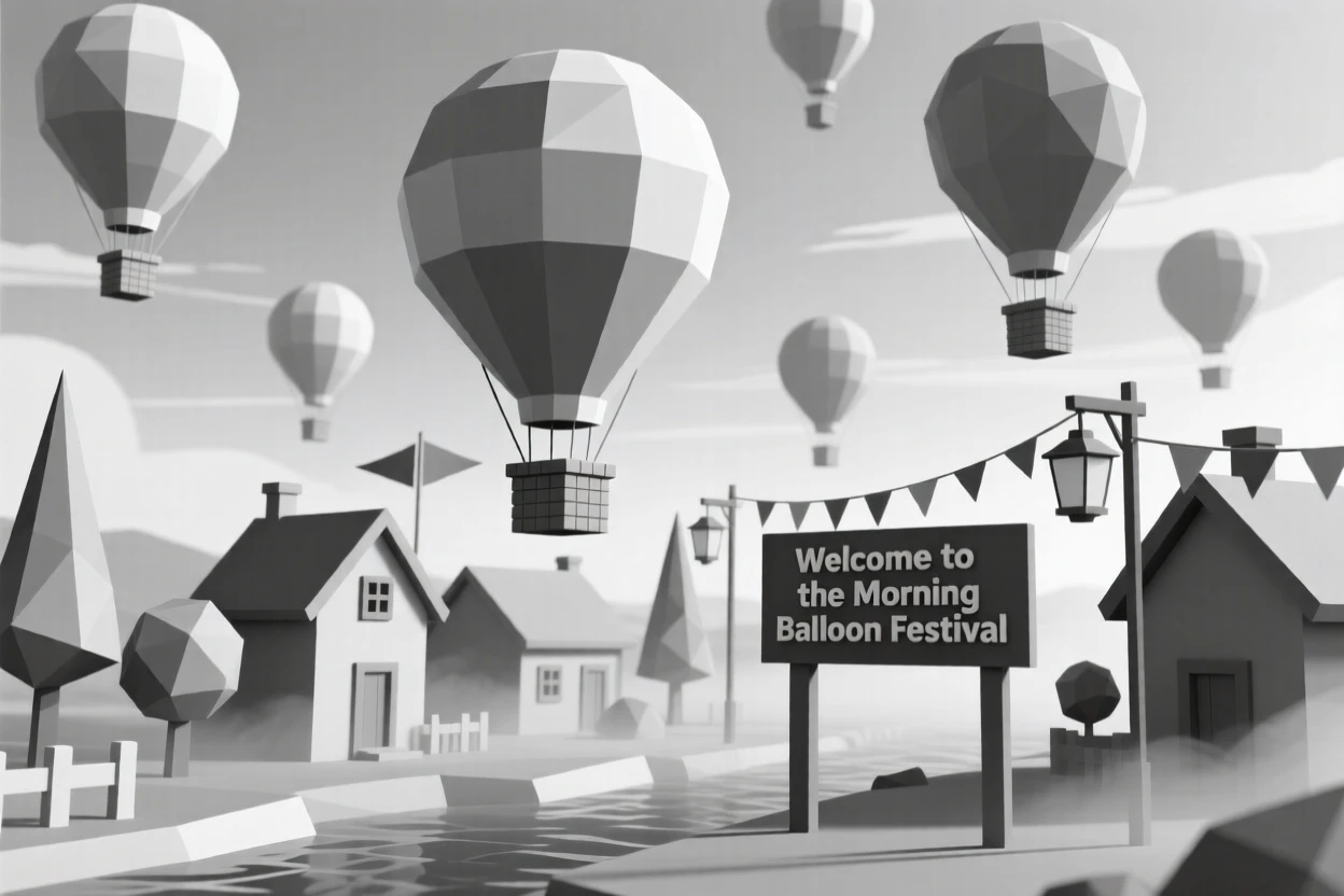 A hot air balloon festival filling a morning sky, as morning mist clears over a festive village. small charming details enrich the festive setting. The moment feels magical and full of wonder.