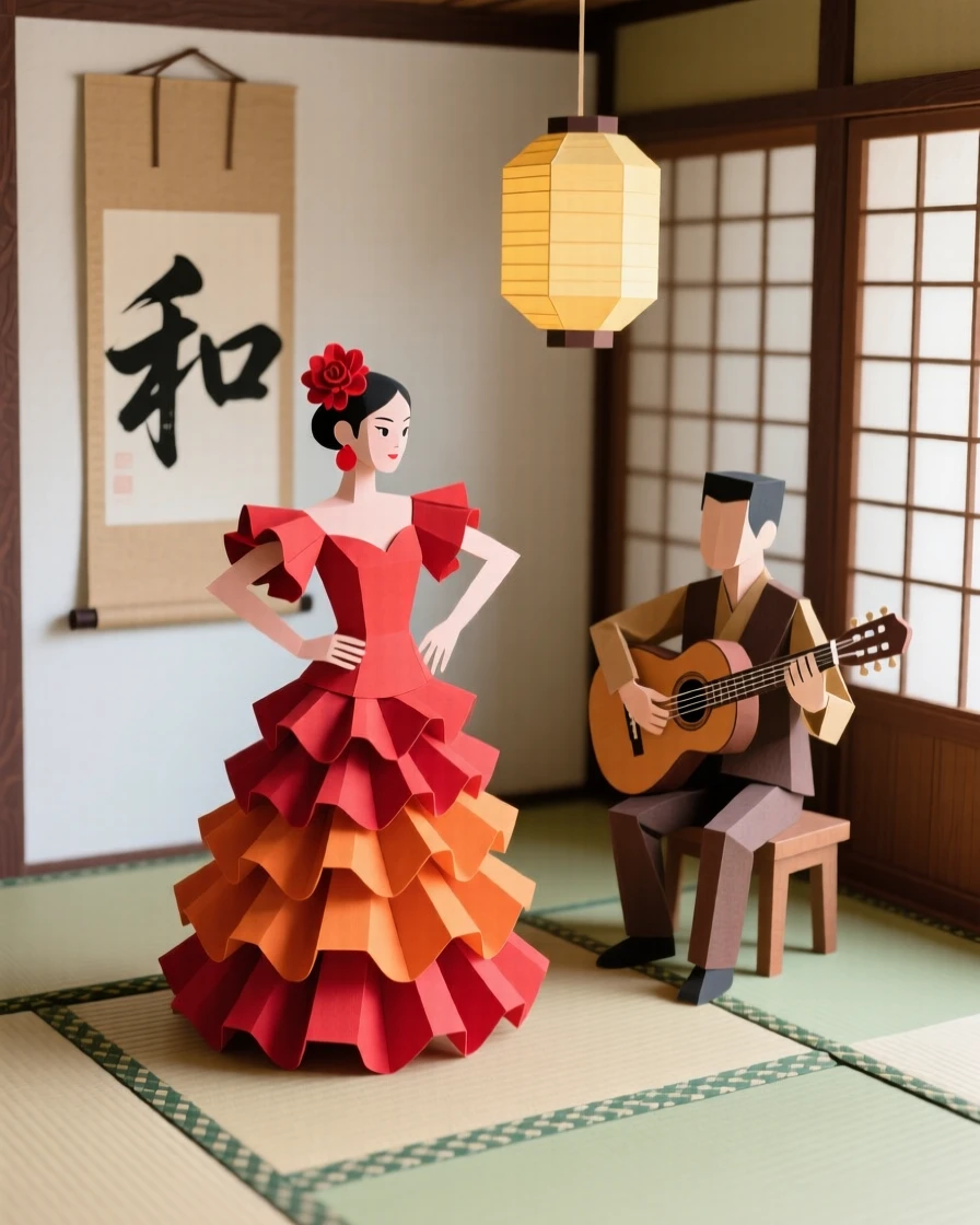 A vibrant flamenco performance held in a serene tatami room, with warm light illuminating every face, capturing vibrant, living tradition.