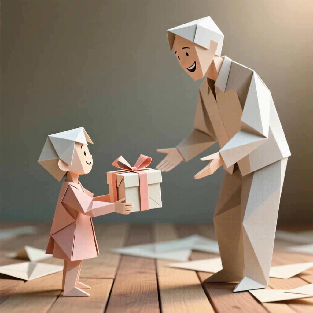 A child proudly presenting a handmade gift to a beaming parent.