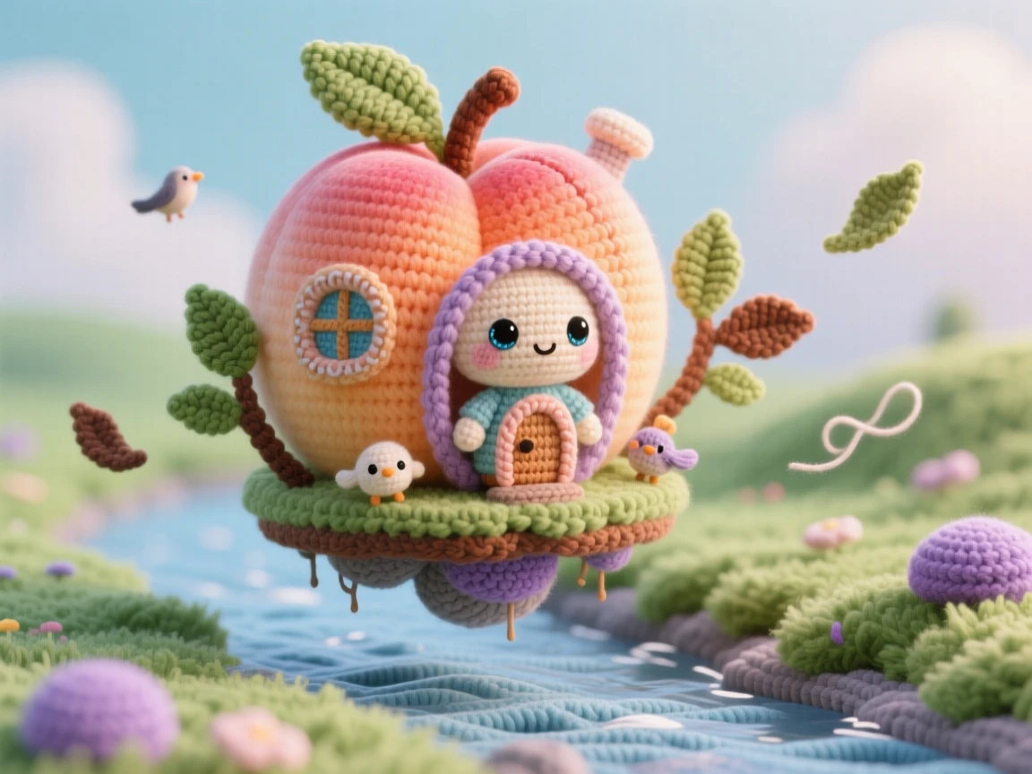 An imaginative scene of a small floating orchard house built into a giant peach with a tiny round window, drifting above a quiet river tucked within a quiet, dreamlike meadow; a soft breeze carrying tiny leaves nearby, full of cozy, whimsical enchantment.