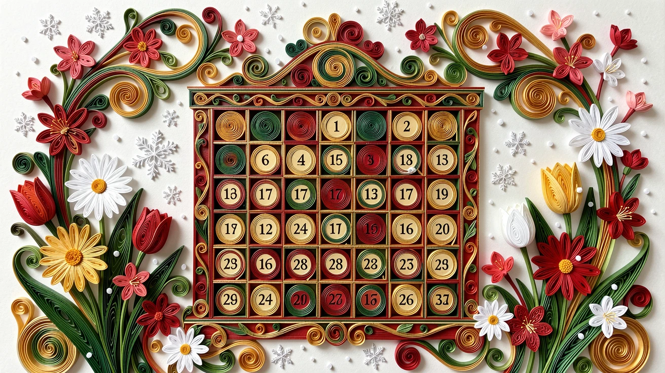 A festive holiday scene of a Advent calendar with tiny numbered doors in a garden bursting with spring blossoms, in classic holiday tones of red, green, and gold, framed by softly falling snow.