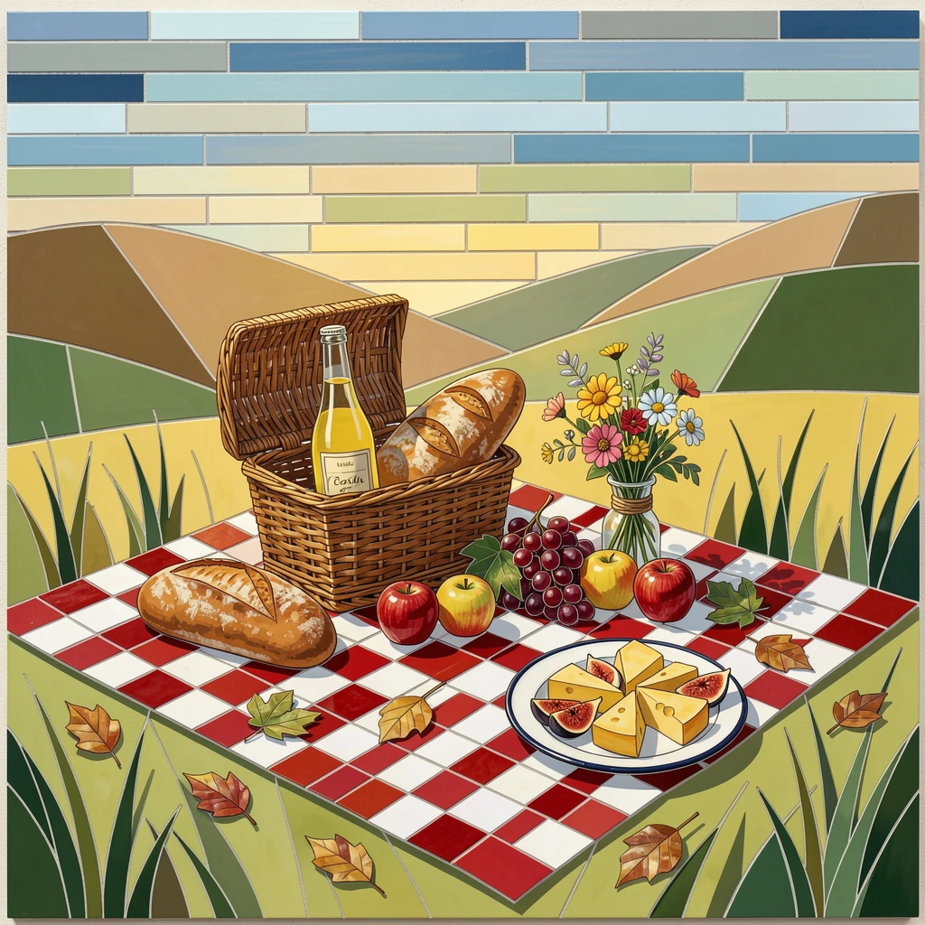 A charming, nostalgic scene of a rustic picnic spread on a checkered blanket in a sunny meadow, evoking calm and comfort.
