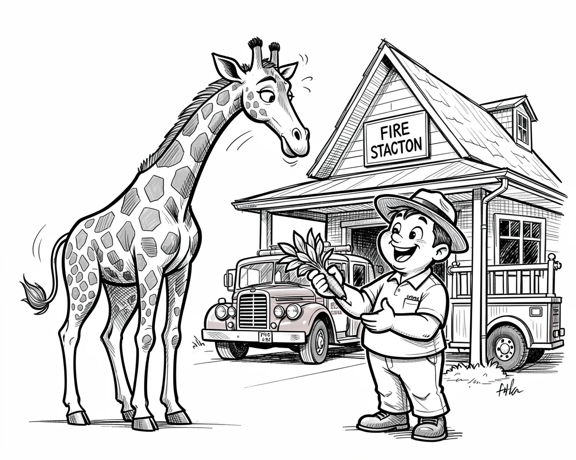 A zookeeper feeding a giraffe at a cheerful small-town fire station.