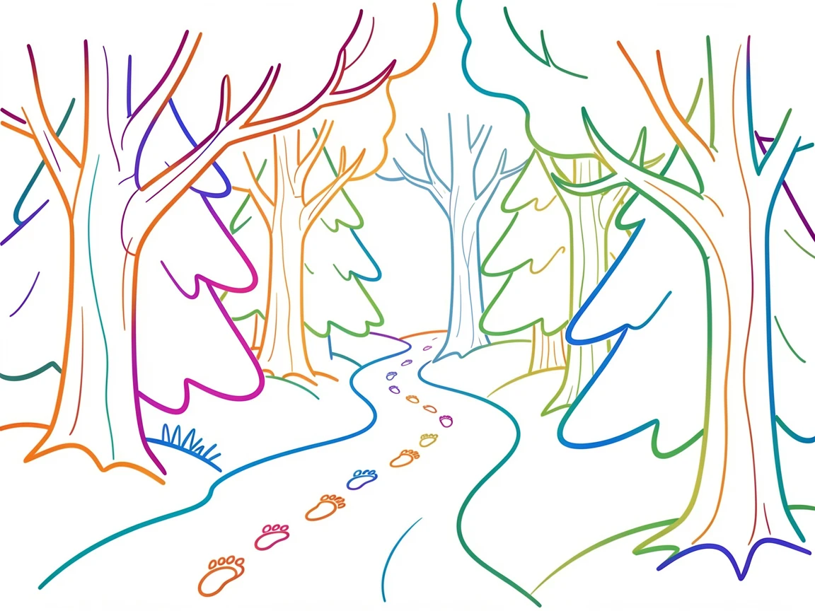 A winter woodland walk with a trail of footprints leading through snow-laden trees.