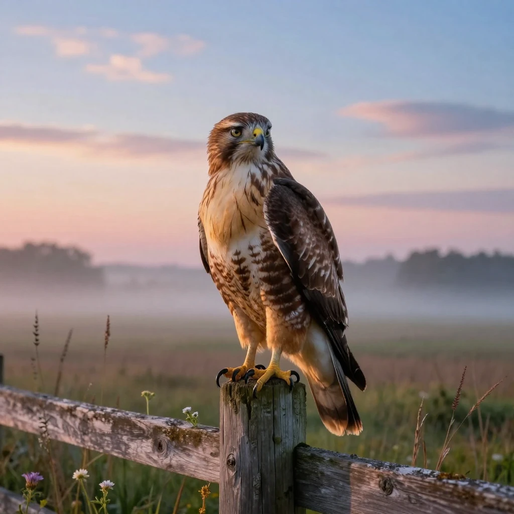 A hawk perched motionless on a fence post at dawn