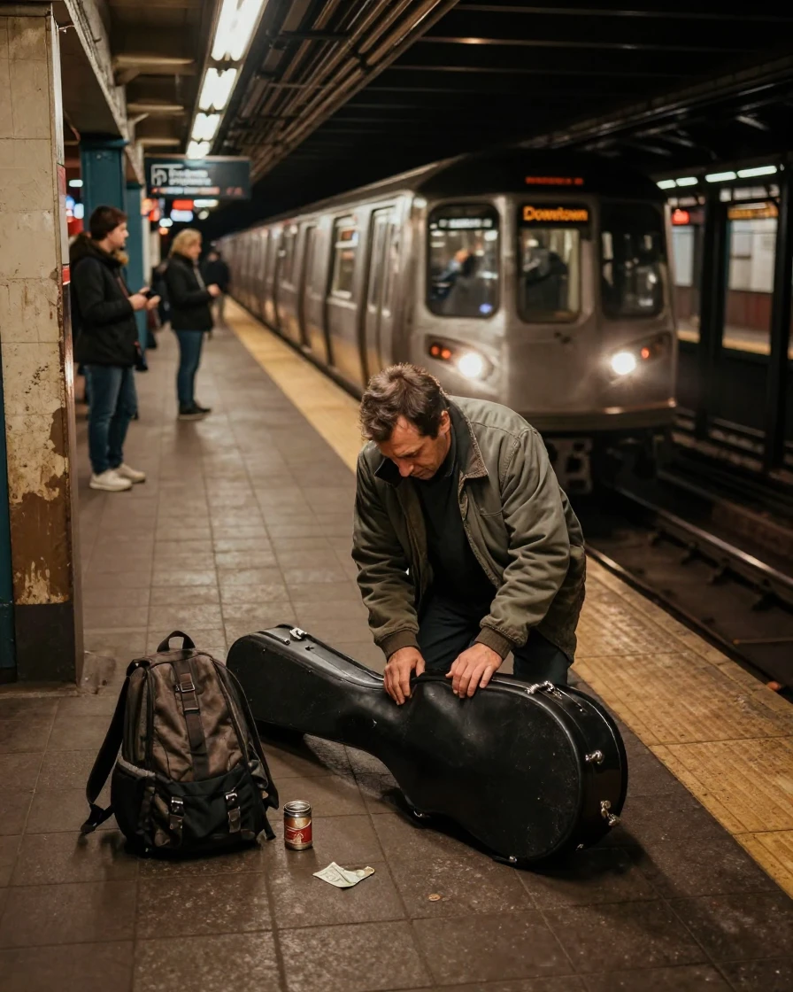 A subway musician packs up a cello case as the last train of the night arrives.
