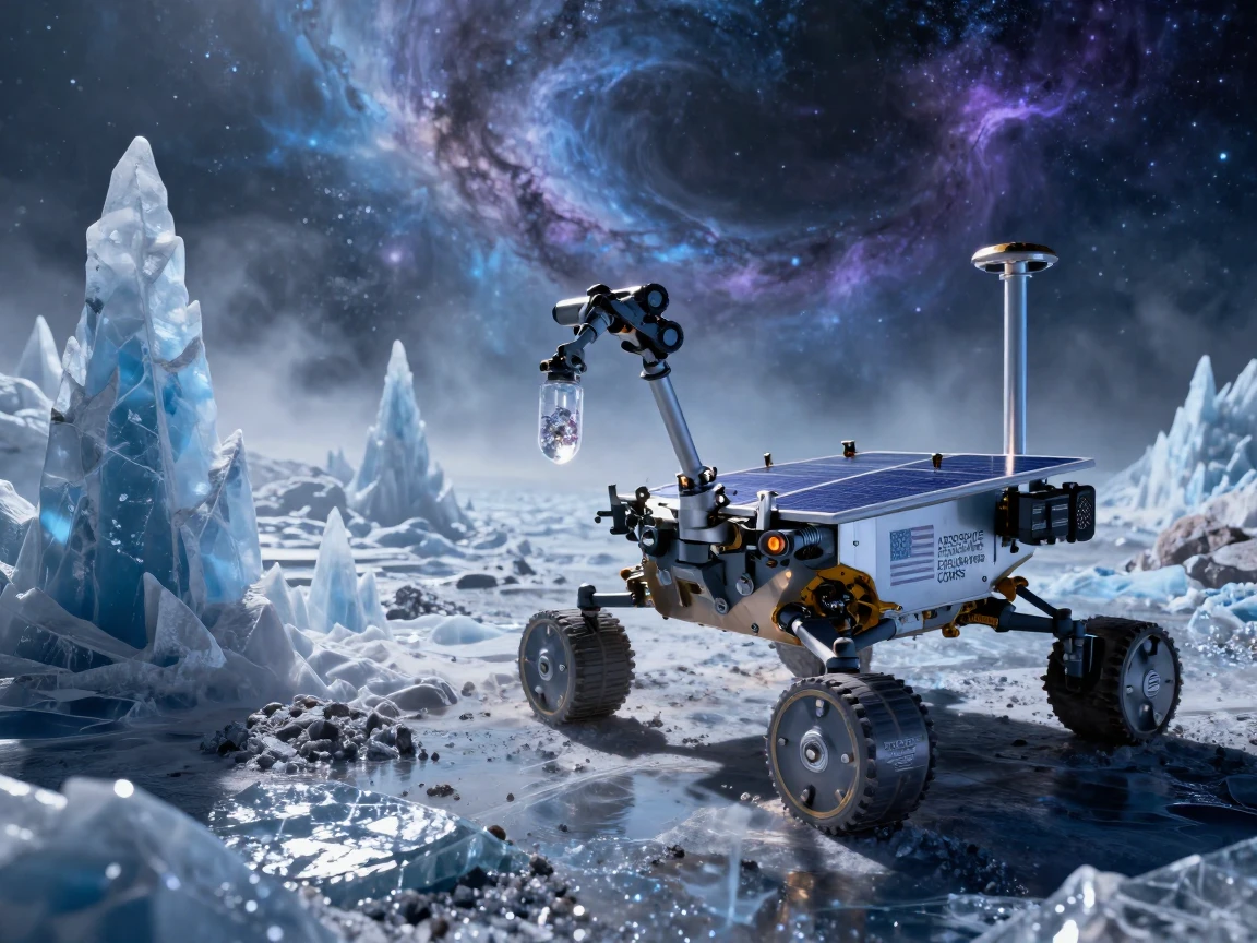 A solar-powered rover collecting samples from an alien surface within a vast icy nebula