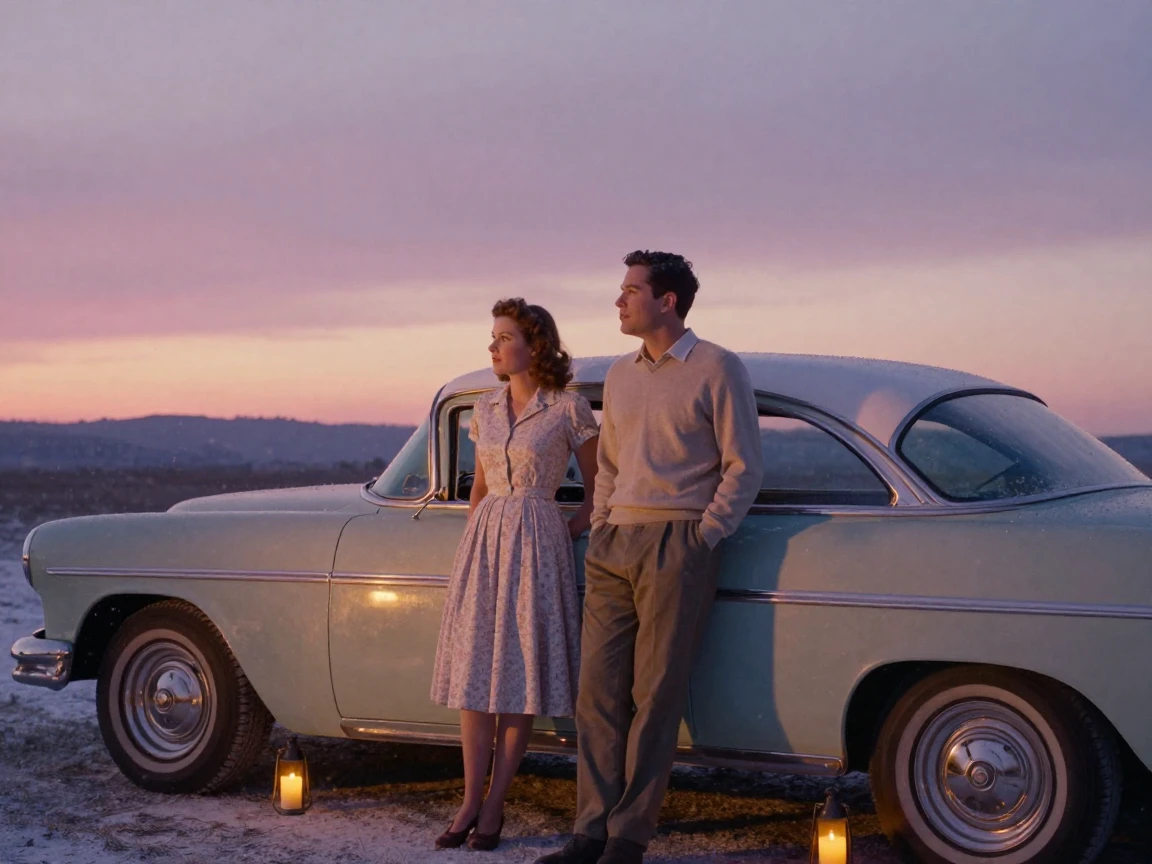 Two people leaning against a vintage car watching the sunset, under flickering candlelight, amid gently falling snow, in early spring, in soft muted pastels, from a three-quarter angle.