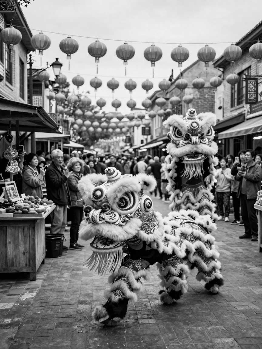 A troupe of lion dancers perform beneath strings of red lanterns in a bustling market town square.
