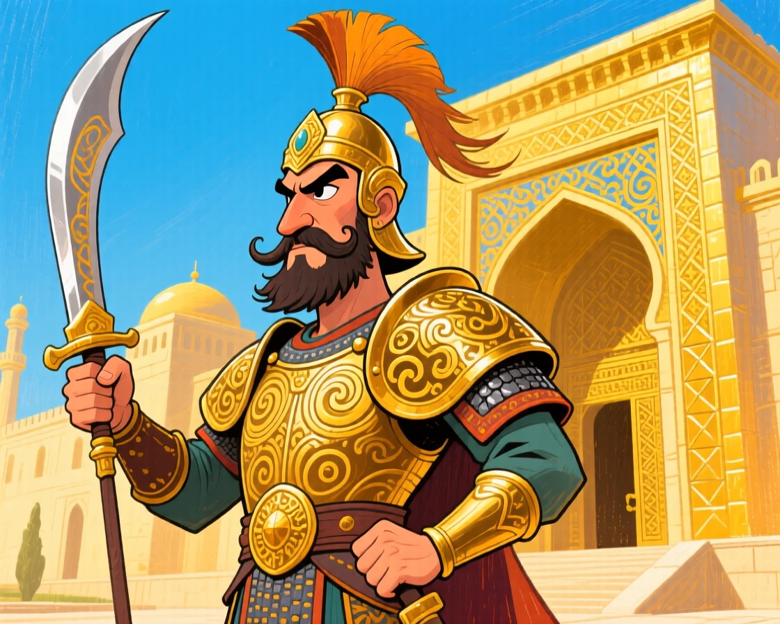 An ancient Persian warrior standing tall in ornate armor before a golden palace.