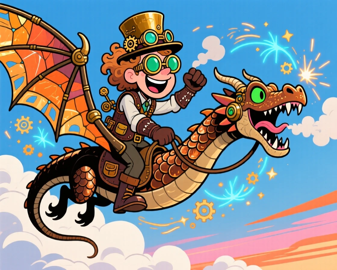 An imaginative fantasy scene of a steampunk inventor soaring above the clouds on the back of a magnificent dragon, as sparks of magic swirl through the air.