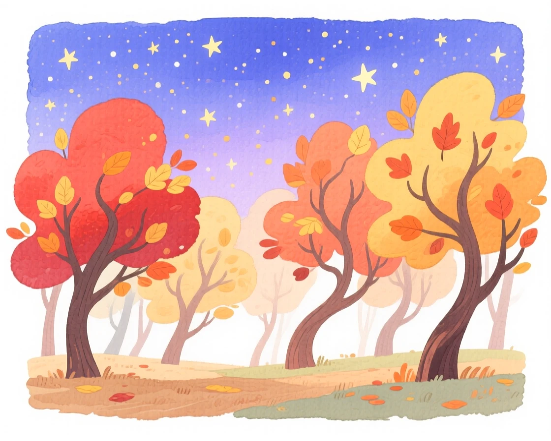 A serene landscape of an autumn forest ablaze with red and orange leaves under a blanket of stars