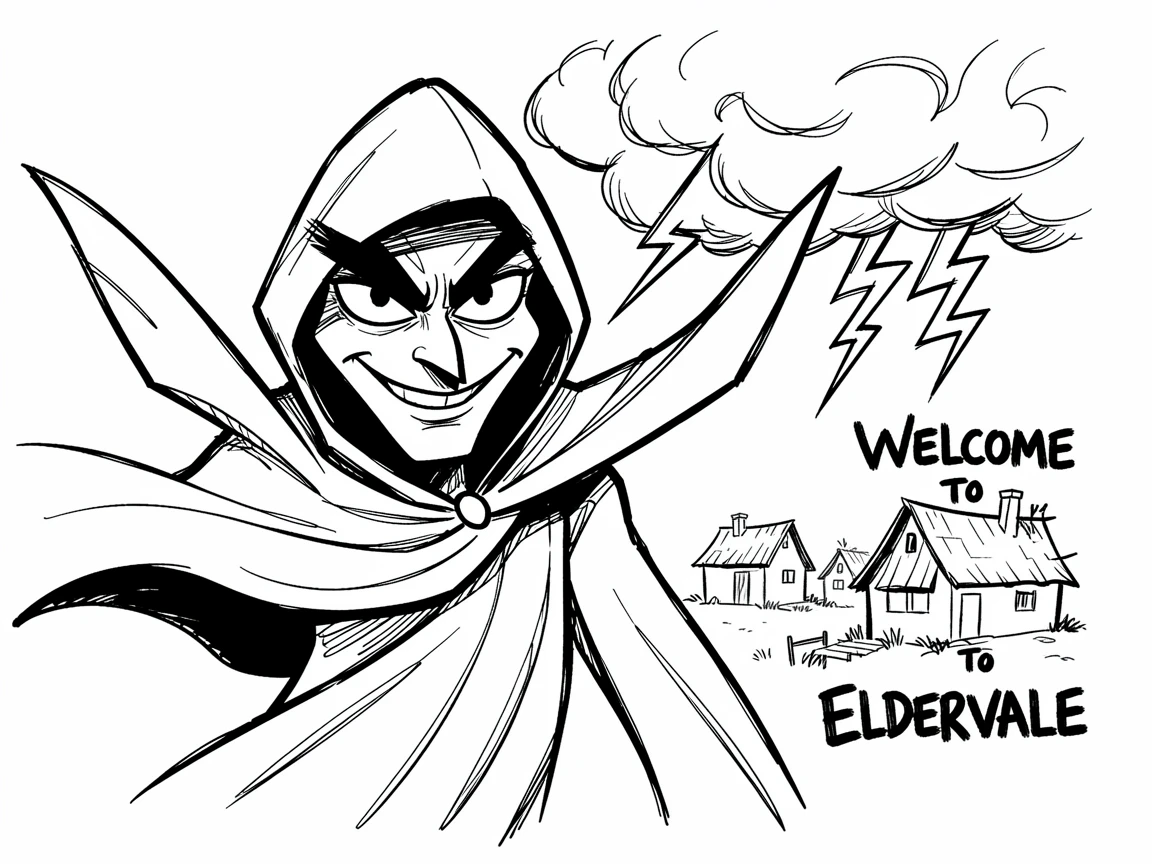 [Fantasy & Imaginative Scenarios] Imaginative fantasy scene of a valiant shadow assassin protecting a village from an approaching storm, brimming with wonder