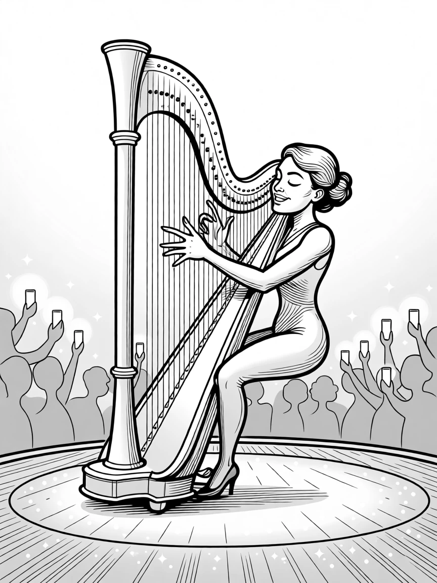 A harpist plucking strings with delicate, focused precision, swaying gently to a melody only they can feel, set on a glittering tap-dance stage. The crowd's phone lights twinkle like stars. The image feels like the exact instant a song becomes unforgettable.
