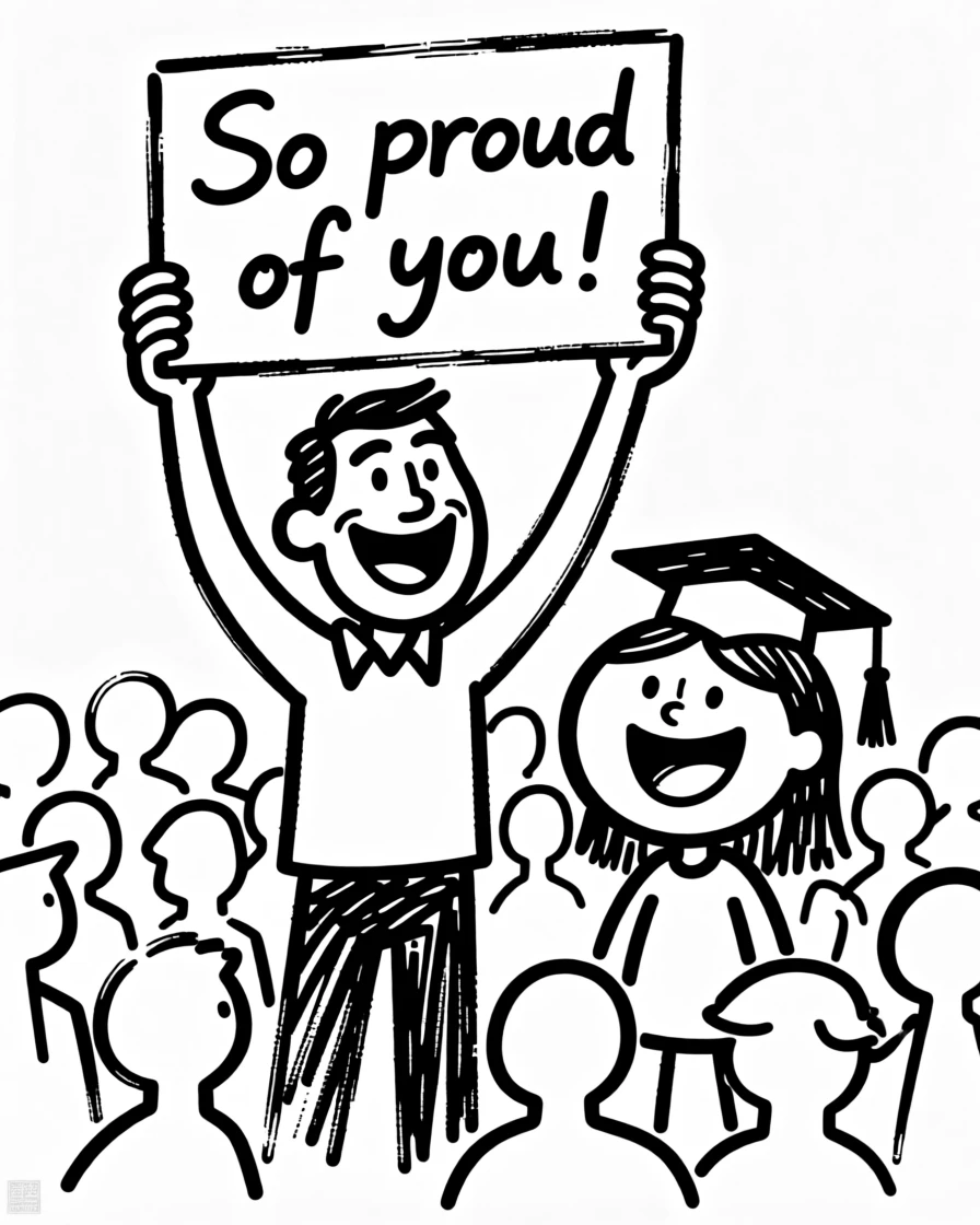 A father proudly watching his daughter graduate, holding up a handmade sign in the crowd.