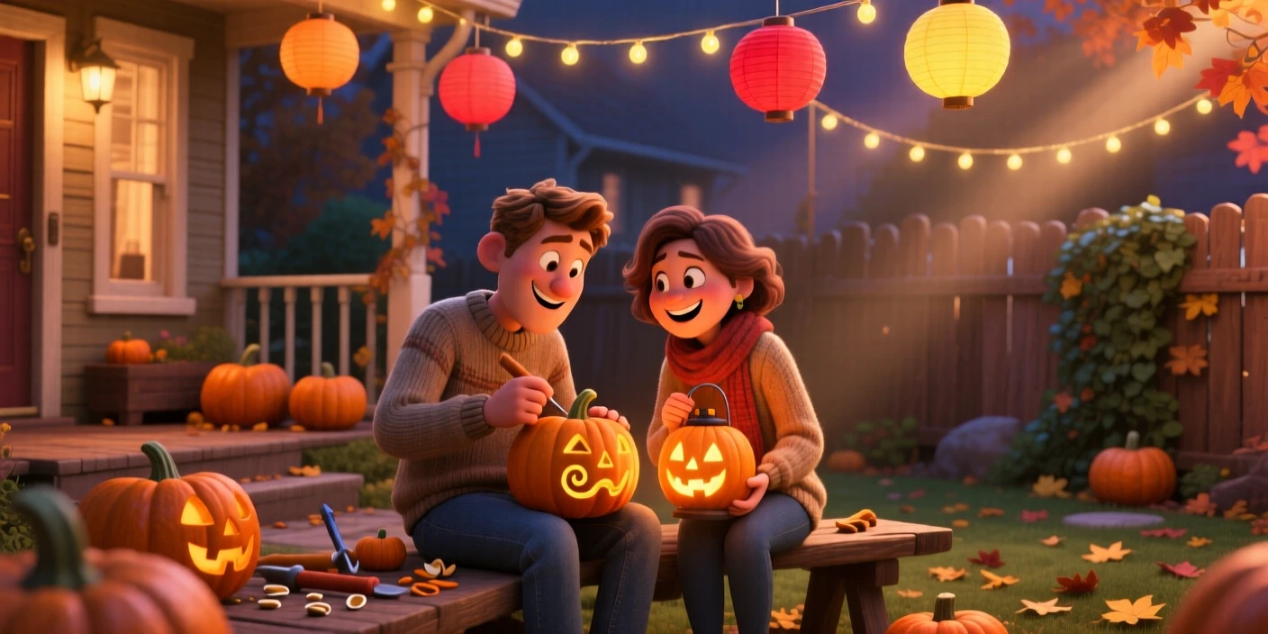 A couple carving pumpkins on a porch happens in a backyard strung with paper lanterns, with warm string lights glowing overhead. The atmosphere glows with tradition and family warmth.
