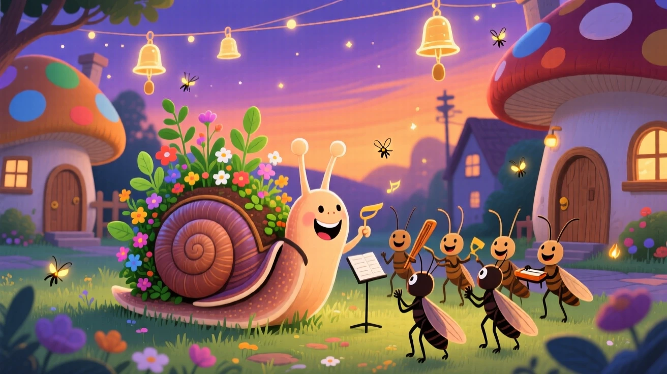 A snail carrying its own garden delights in conducting an orchestra of chirping crickets, tucked within a neighborhood of mushroom-cap houses, while soft chimes ring from unseen bells.