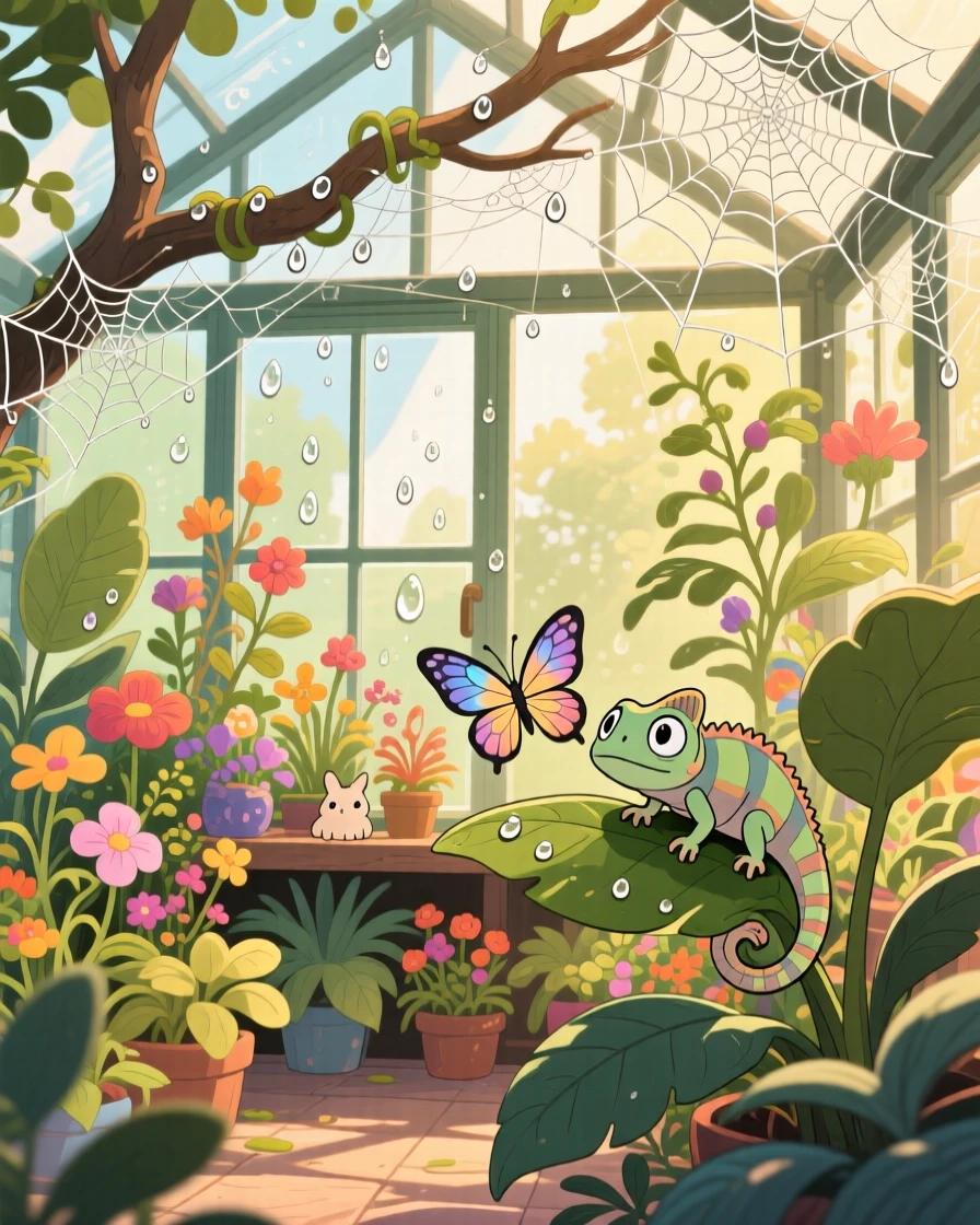 A greenhouse overflowing with exotic blooming plants, dew clinging to spiderwebs strung between branches, creating a scene of quiet natural magic.
