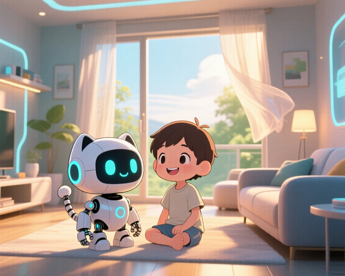 A friendly robot pet wagging a mechanical tail beside a child, framed as a wide establishing shot within a cozy futuristic living room, during a light summer breeze, glowing under soft golden-hour sunlight, evoking peaceful calm.