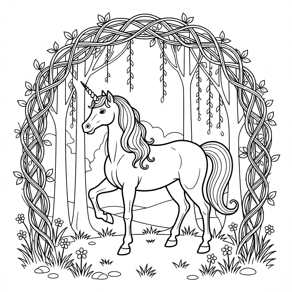 A majestic unicorn standing in an enchanted glade, with tangled thorns forming an archway above.